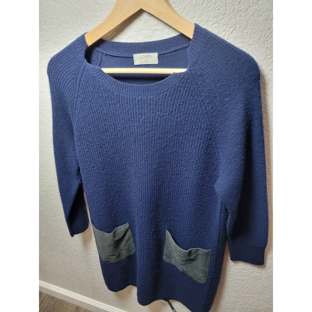LOMA London Wool Cashmere Sweater Dress Womens M Blue Leather Pockets Tunic